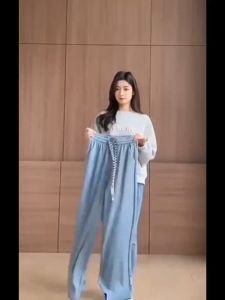 Celana Rajut Kasual Lurus Elastis Gaya Korea Wanita Pinggang Tinggi Modis Baru