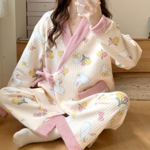 Áo Ngủ Cotton Lót Cotton Dày Cho Bà Bầu Sau Sinh Cho Con Bú Mùa Xuân Thu Đông Quần Dài Cotton Ngọt Ngào Ngọt Ngào