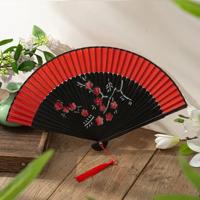 Double-Sided Folding Fan Traditional Chinese Dance Fan Portable Easy to Open And Close Flag Dress Fan with Tassel Gift Fan Case