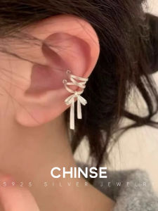 S925 Pure Silver Vintage Ballet Ribbon Butterfly Knot Ear Cuff No Piercing Trendy Design Hair Tie Ear Bone Clip Fashion Jewelry