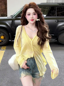 Summer Lightweight V-Neck Womens Sun Protection Clothing Translucent Chic Sweet And Spicy Fairy-Tale Style Top T-Shirt