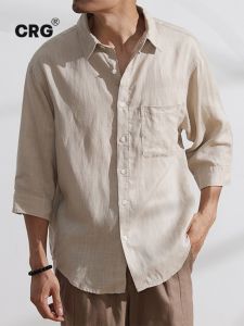 Loose Cotton Linen Mens Short Sleeve Shirt Hong Kong Trendy Brand Summer Cool Standard Fit Youth Daily Wear Pure Color