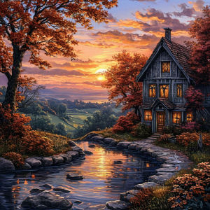 Bộ Tranh Kim Cương Huacan Full Diamond Painting Kit: Cảnh Rừng Hoàng Hôn Mùa Thu Nhà Gỗ Tranh Ghép Mảnh Tranh Trang Trí Kim Cương Nhựa Tròn & Vuông