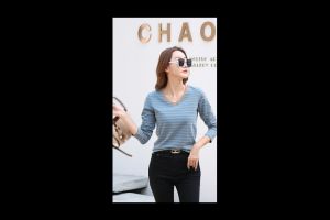 Áo Thun Cổ Chữ V Tay Dài Cho Nữ Áo Thun Sọc Thường Ngày 93% Cotton