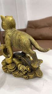 Tượng mèo đứng gậy như ý bằng đồng phong thủy cao 22cm nặng 2kg