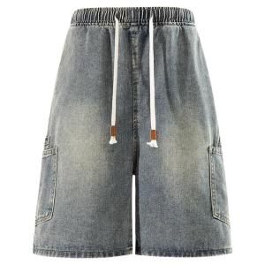 OUMULONG | Black Patchwork Thin Summer Washed American Street Straight Cut Jean Shorts