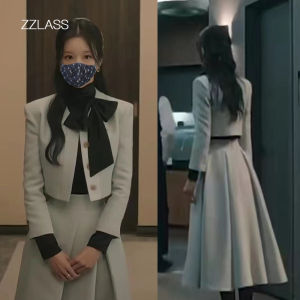 ชุดสูทคอปม่าลายโบว์ผีเสื้อแขนยาว กระโปรงสั้น ชุดทำงานสไตล์ฤดูร้อน ชุดสูทสีโมลานดี้ ชุดสูทแฟชั่นสำหรับผู้หญิง