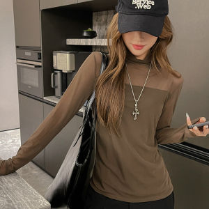 Miiow | Cat Lady Pure Desire Mesh Splice Base Shirt Womens Spring Autumn Half High Collar Inner Wear Top New 2025 High End T-Shirt