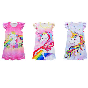 Kids Girls Teenage Summer Unicorn Printed Skirts Long Children Baby Princess Clothes Short Sleeve For 3 4 5 6 7 8 yrs