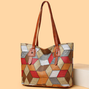 Korean Style Large Capacity Fashionable Color Block Soft Leather Single Shoulder Bag Womens Commuter Tote Bag Handbag