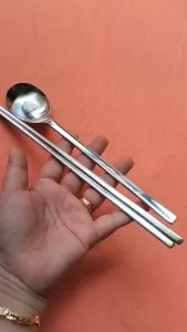 Muỗng đũa đầu dẹp đặc ruột inox kiểu Hàn Quốc muỗng 22cm đũa 23 cm nặng 125 gram