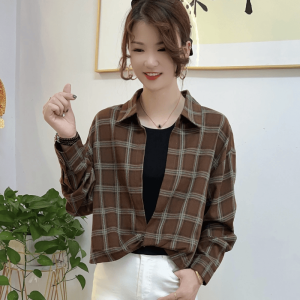 เสื้อเชิ้ตลายสก็อตทรงหลวมสำหรับผู้หญิง ชุดสองชิ้น แฟชั่นฤดูใบไม้ร่วง เสื้อเชิ้ตทรงเข้ารูป ดีไซน์เก๋ไก๋ ลดอายุ ใส่ได้หลากหลาย
