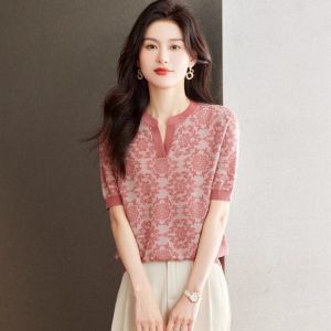 WANGGONGZHU | V-Neck Ice Silk Short Sleeve T-Shirt Womens Spring Summer New Style Lyocell Loose Slimming Fashion Top Princess Style