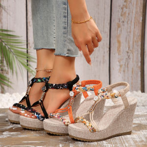 Bohemian Sandals Womens Summer Korean Version New Wedge Platform Soles Rhinestone Sandals Plus Size Women