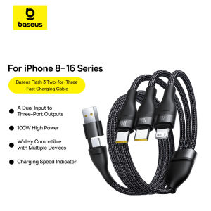 Baseus 3 In 2 USB C สายสำหรับ Iphone 17 16 15 14 Pro Max 100W สาย USB Type C สำหรับ Macbook Huawei Xiaomi อย่างรวดเร็วสายชาร์จสำหรับ