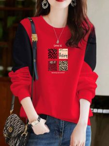 Spring 2025 Womens Fashionable Cotton Sweatshirt round Neck Splice Trendy Top Korean Style Long Sleeve Printed Loose Fit