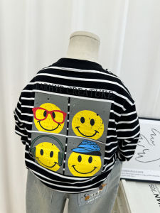 Boys Long Sleeve T-Shirt Pure Cotton Base Layer Shirt Cartoon Print Striped Design Casual Spring Autumn Wear for Kids