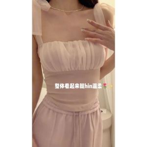 เสื้อกั๊กผ้าตาข่ายสายเดี่ยวสีชมพูสำหรับผู้หญิง ฤดูใบไม้ผลิและฤดูร้อน เสื้อชั้นในแขนกุดแบบผูกโบว์ Pure Desire เสื้อชั้นในผู้หญิง