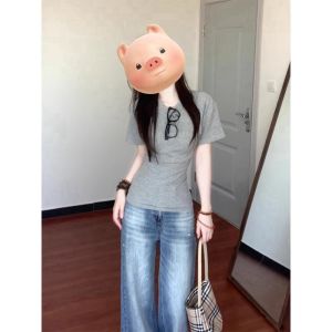 Áo Thun Tay Ngắn Cotton Nguyên Chất Ôm Vừa Vặn Cổ Tròn Màu Trơn Mùa Hè Cho Nữ Phong Cách Retro Mỹ