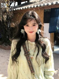 Spring Atmosphere Fairy Flower Womens Mint Green Chiffon Holiday Style Tassel Ear Decorations Soft Temperament Earrings