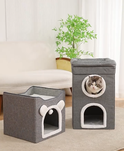 HATELI Cat House Large Cat Bed Winter Warm Double Layered Cats With Fluffy Ball Hanging Cube Beds For Large Cats Kitten Indoor Nest with Scratching Pad