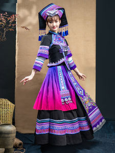 Adult Guangxi Zhuang Ethnic Womens Long Skirt with Embroidery Performance Costume National Stage Clothing Polyester Material