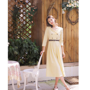 Retro French Style Midi Dress Slim Fit Seven Quarter Sleeve V Neck Spring Autumn Womens Fashionable Dress Commuter Dress