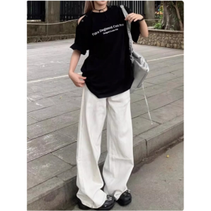 175 Tall Womens Clothing Extended Version White Denim Womens Summer High Waist Straight-leg Loose Wide Leg Mop Pants