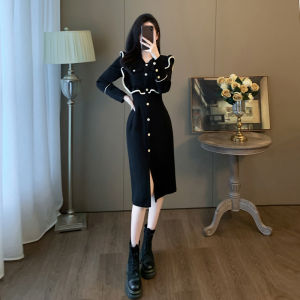 French Long Sleeve Draped Dress Womens Autumn Slimming Elegant Design High-End Fashion Youthful Skirt Commute Korean Style Splice High Waist