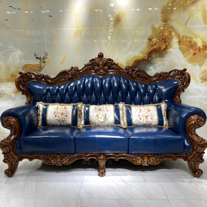 European Style U-Shape Leather Sofa Solid Wood Frame Living Room 123 Set Blue Leather Sofa American Style Sofa