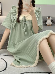 Summer Womens Sleepwear Sweet Pure Cotton Loose Short Sleeve Home Clothes plus Size Comfortable Nightgown Midi Length