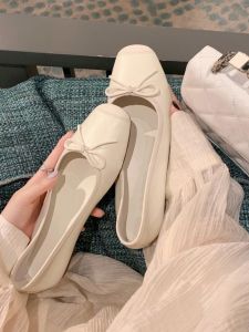 French Style Genuine Leather Ballet Flats Womens Chunky Heel Shoes Butterfly Knot Sweet Grandmother Sheepskin Flat Ballet Shoes