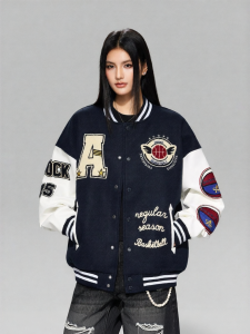 A chock | Vintage Color Block Embroidery Down Baseball Pilot Jacket Male