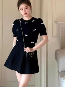 Summer 2025 Womens Black Ice Silk Knitted Short Sleeve T-shirt Butterfly Knot Casual Style round Neck Top Fashionable Miniature Fragrance