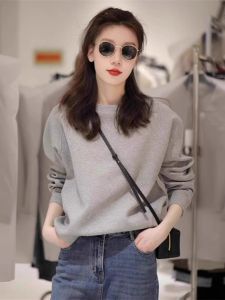 Gray round Neck Fleece Lined Loose Long Sleeve Hoodie Womens Casual Comfortable Autumn Wear Outerwear Street Style Top