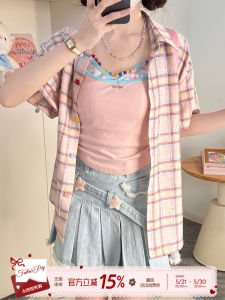 Sweet Pink Plaid Blouse Female Summer
