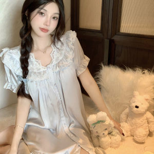 Summer Ice Silk Sleep Dress Womens Short Sleeve French Lace Home Clothes Sweet Style V-neck Mid-length Skirt Pure Color