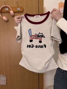 เสื้อยืดแขนสั้นผ้าฟองน้ำขนสัตว์สำหรับผู้หญิง ทรงเข้ารูป แขนสั้น ทรงเข้ารูป ทรงเข้ารูป ลายแมว แฟชั่นฤดูร้อน เสื้อยืดคอกลม