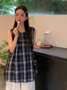 French Vintage Plaid Vest Shirt Women Summer New Design Loose Sleeveless Doll Shirt Top Korean Style Commute Fashion