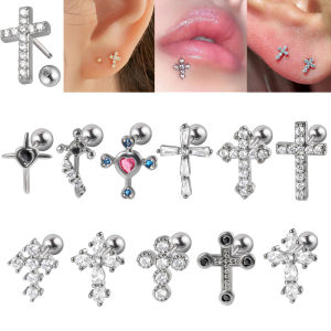 2PCS Helix Piercing Cross Stud Earring Labret Crystal Zircon Cartilage Tragus Surgical Steel Golden Piercing Jewelry 20G Women