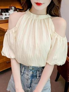 Elegant French Butterfly Knot Shoulder Bared Chiffon Top Women Summer Sweet Neck Hanging Bubble Sleeve Loose Upper Body
