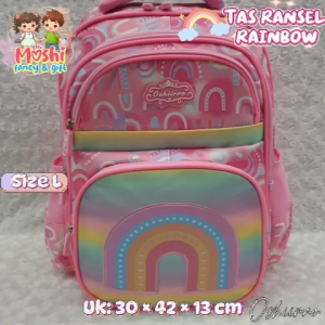 Tas Ransel Anak Perempuan Motif Rainbow TK dan SD / Tas Sekolah Anak Motif Pelangi Pink size M dan size L / Bakcpack School Girl / Tas Gendong Anak Perempuan Tk dan SD Motif Pelangi Rainbow