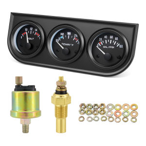 RYSJM | Oil Pressure Water Temp Voltmeter Gauge 52mm 3 in 1 Triple Black Water Temp Oil Pressure Voltage Gauge Kit With Sensor 1/8NPT