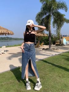 Rok Jeans Celah Populer Gaya Korea Rok Denim Panjang Wanita Rok Panjang Rok Denim Pinggang Tinggi Seksi