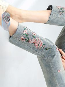 High Waist Straight Leg Jeans Womens Spring Autumn New Style Slimming Eighteen Small Size National Style Embroidery Cigarette Pants