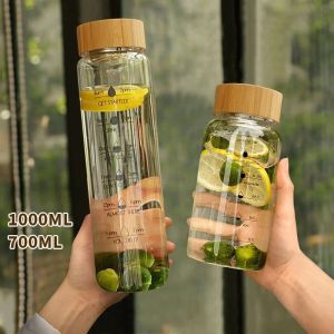 Outdoor Sports Water Bottle Large Capacity Glass Drink Cup Milk Juice Water Bottle with Time Marker Cover Birthday Gift