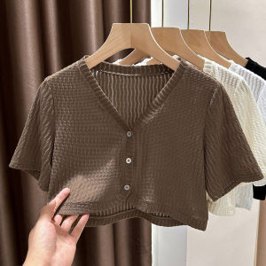 เสื้อคาร์ดิแกนถักบาง แขนสั้น คอวี ลายลูกไม้ ทรงหลวม สำหรับผู้หญิง ช่วงฤดูร้อน 2023 ชุดเดรสยาวคลุมเข่า ชุดทำงาน