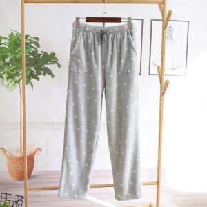 กางเกงนอนผ้าสักหลาดรัดข้อเท้าเพิ่มความหนากางเกงวอร์มลายจุดกันหนาวบุขนสำหรับผู้หญิงกางเกงใส่ในบ้านผ้าคอรัลฟลีซขาเดฟรัดข้อเท้า