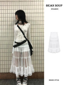 Váy Dài Đến Giữa Bắp Chân Ren Trắng Xếp Nếp Cho Nữ Mùa Xuân Hè Váy Midi Đa Năng Thiết Kế Nhỏ Tách Biệt Váy Dài