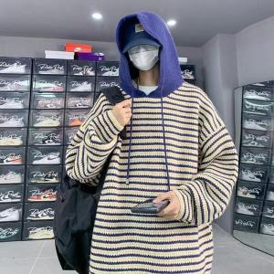 เสื้อสเวตเตอร์มีฮู้ดหลวมๆ สำหรับผู้ชาย ฤดูใบไม้ร่วง/ฤดูหนาว สไตล์อเมริกัน ทรงหลวมๆ ลายทาง เสื้อคลุมกันหนาวแบบสวมหัว